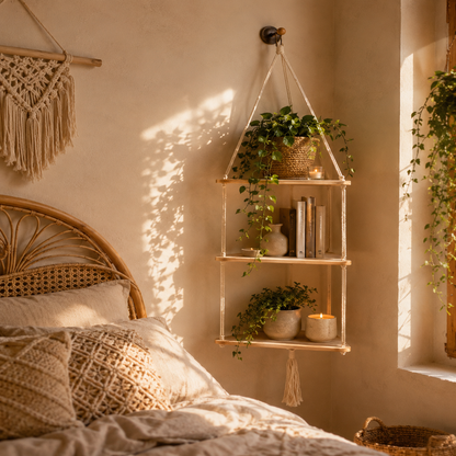 Étagère Murale Suspendue Macramé Bohème – Étagère Flottante Bois