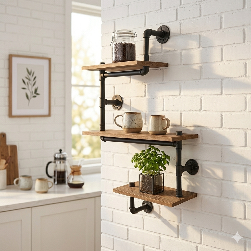 Étagère Murale Industrielle 3 Niveaux – Tuyaux Métal Noir & Bois