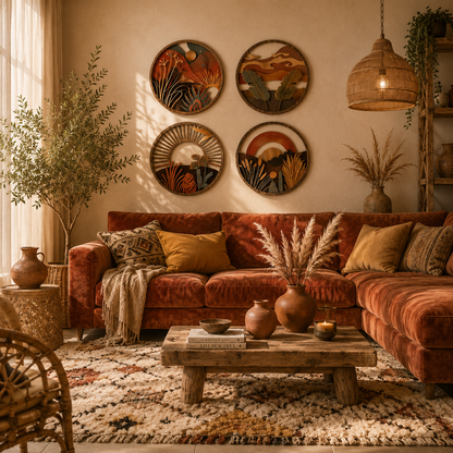 Lot de 4 Tableaux Muraux Ronds Bois – Déco Bohème Paysage