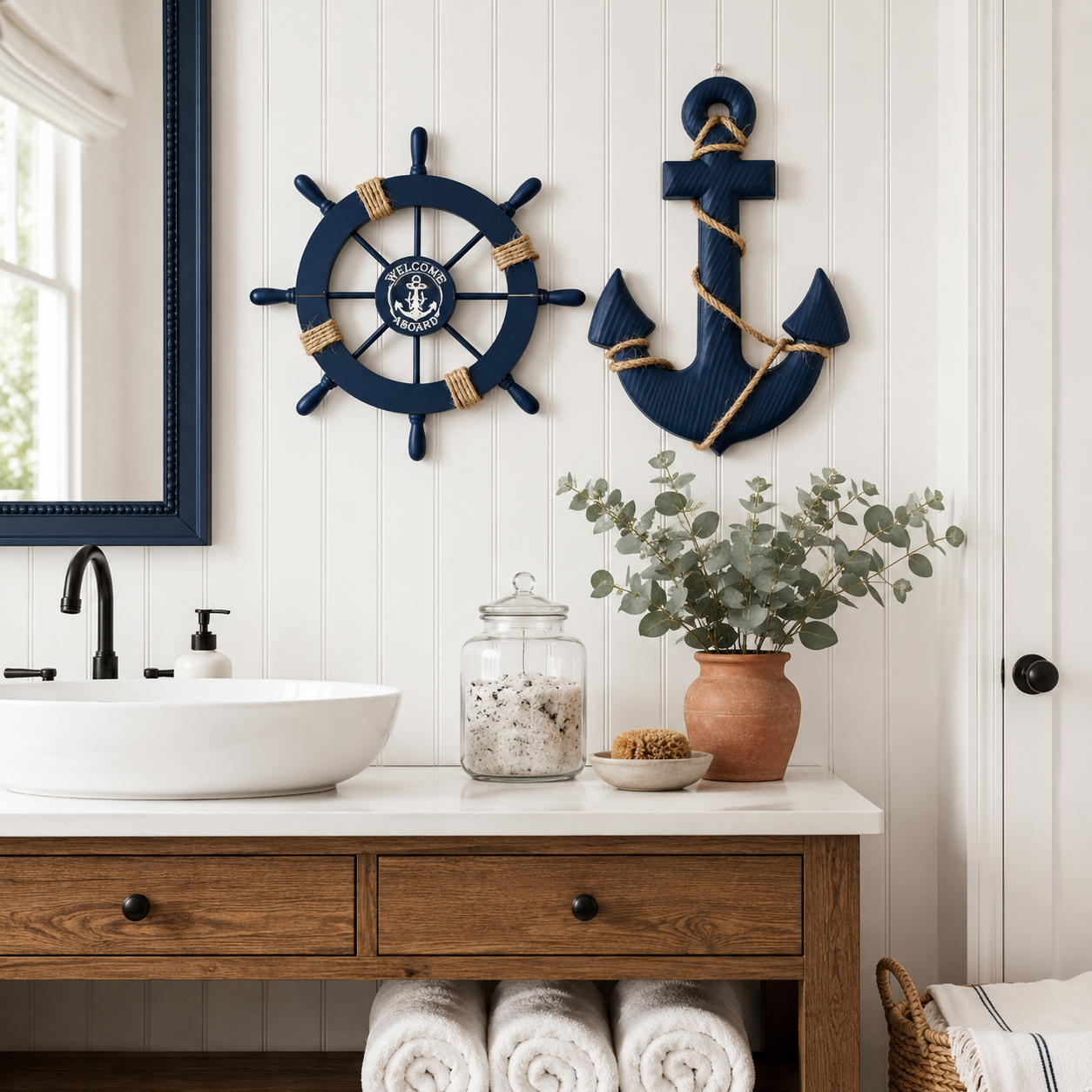 Set de 2 Décorations Murales Marines Bois – Gouvernail & Ancre