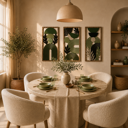 Lot de 3 Tableaux Muraux Bois – Déco Géométrique Vert & Doré