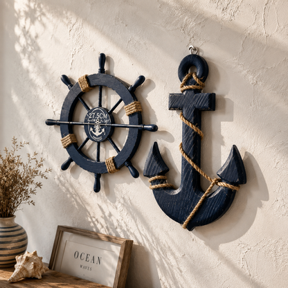 Set de 2 Décorations Murales Marines Bois – Gouvernail & Ancre