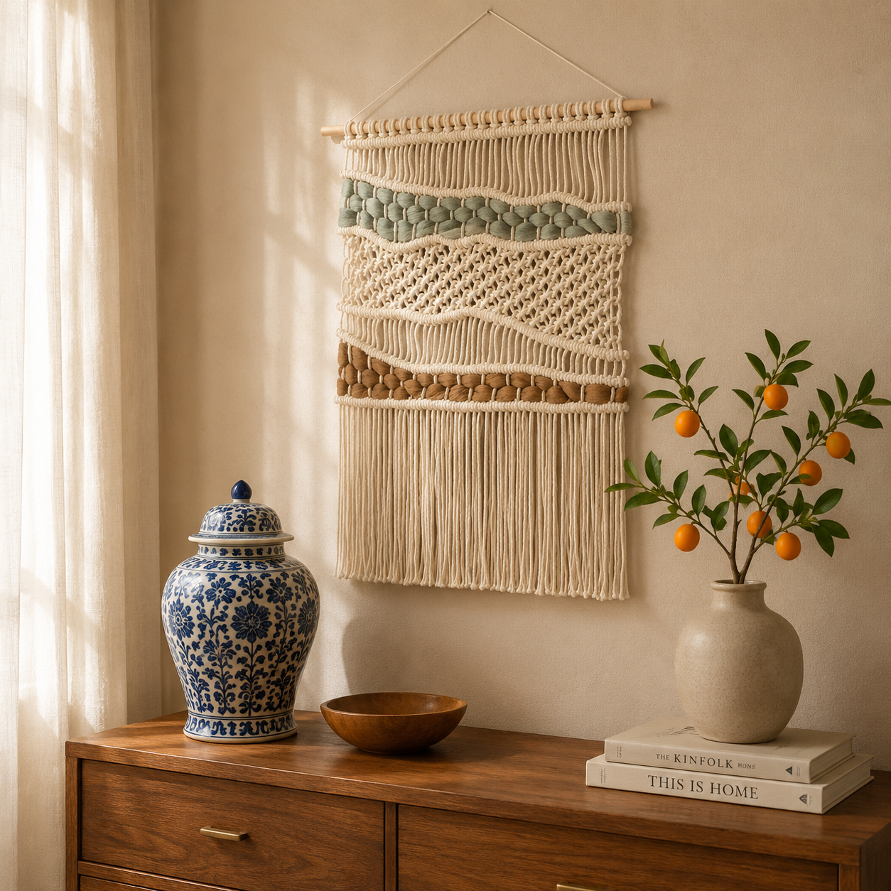 Tenture Macramé Bohème Multicolore – Tapisserie Murale Tissée Main