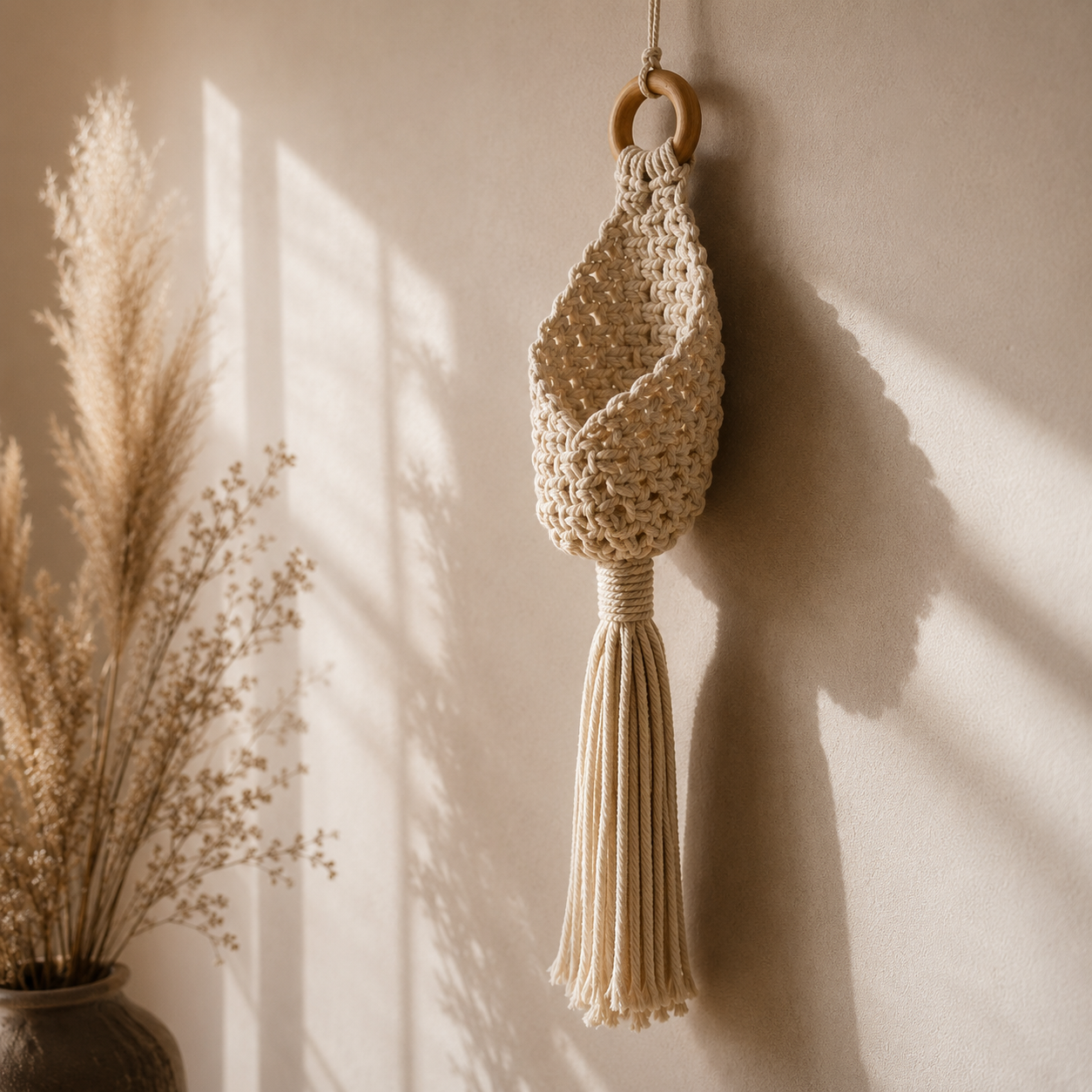 Suspension Macramé Porte-Plante Mural – Cache-Pot Bohème Écru