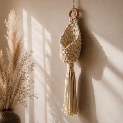 Suspension Macramé Porte-Plante Mural – Cache-Pot Bohème Écru