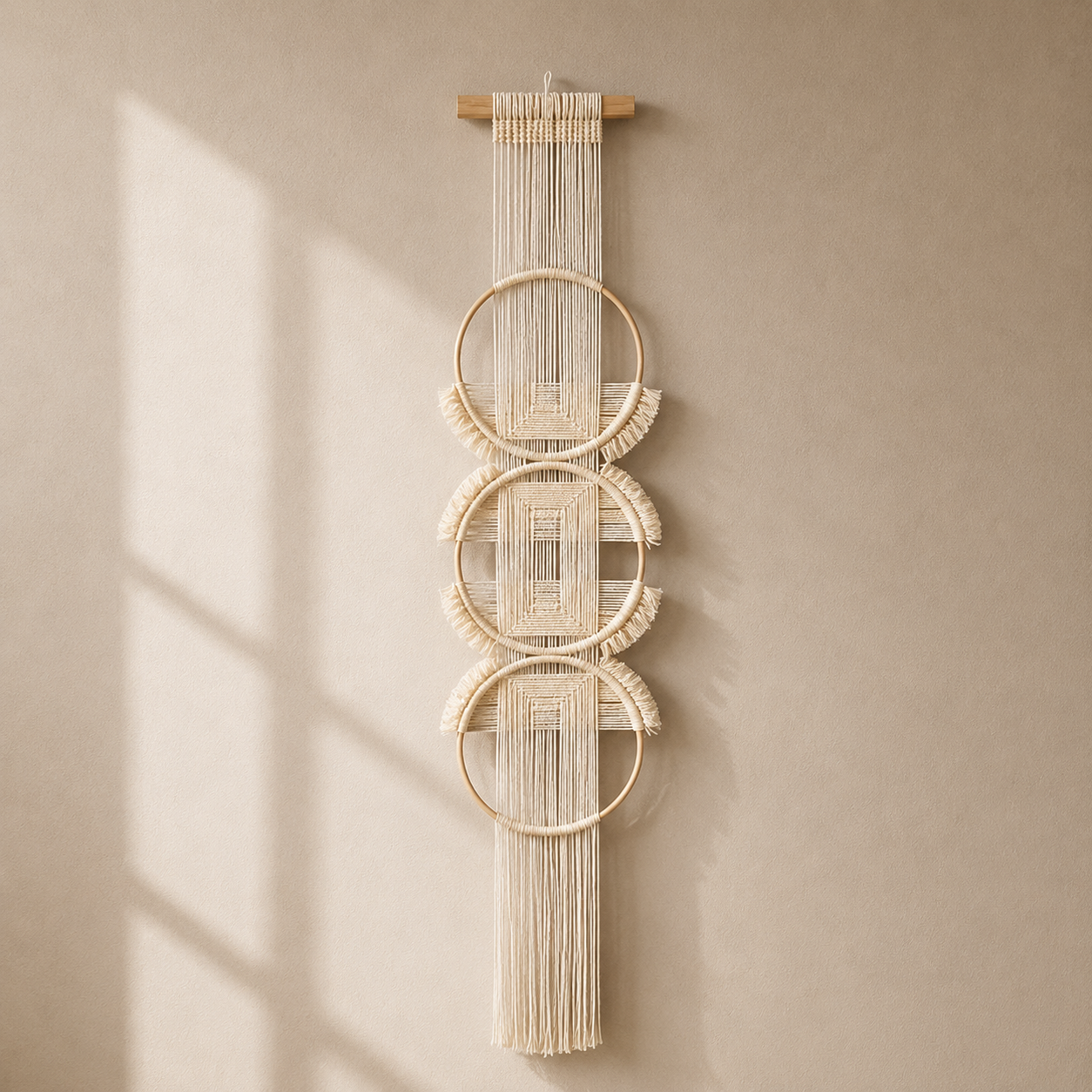 Tenture Murale Macramé 3 Cercles Bois – Décoration Bohème Écru