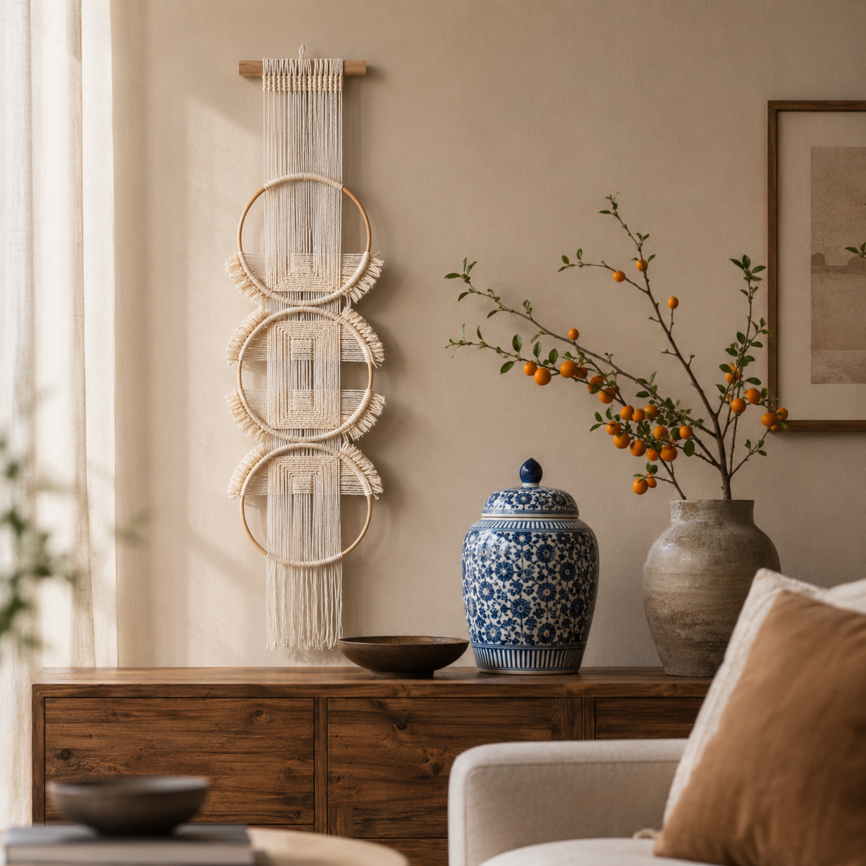 Tenture Murale Macramé 3 Cercles Bois – Décoration Bohème Écru