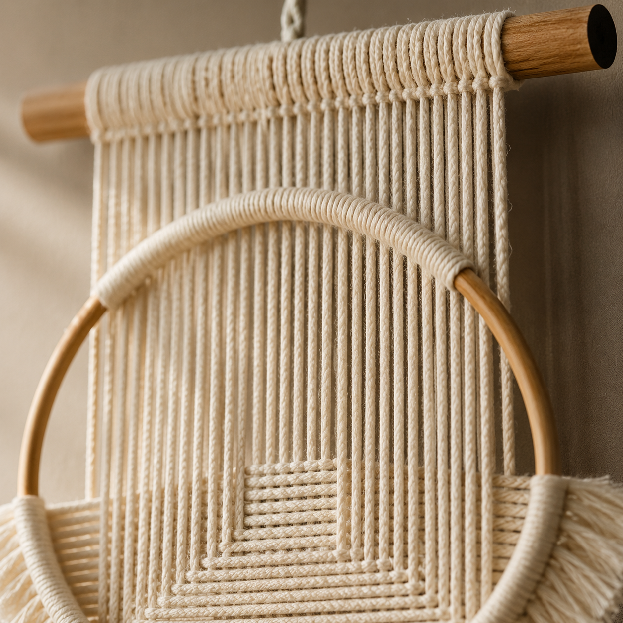 Tenture Murale Macramé 3 Cercles Bois – Décoration Bohème Écru