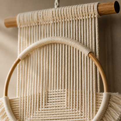 Tenture Murale Macramé 3 Cercles Bois – Décoration Bohème Écru