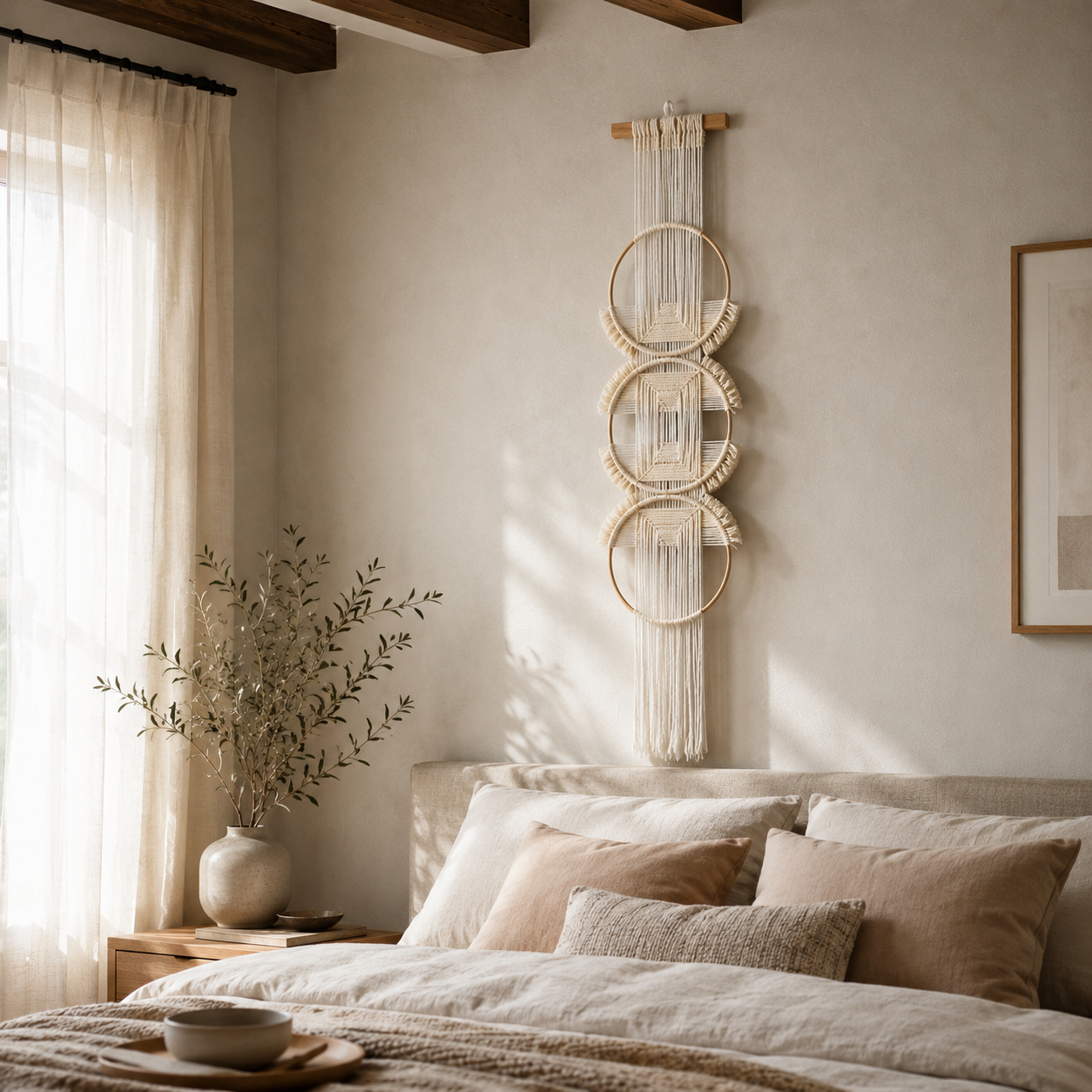 Tenture Murale Macramé 3 Cercles Bois – Décoration Bohème Écru