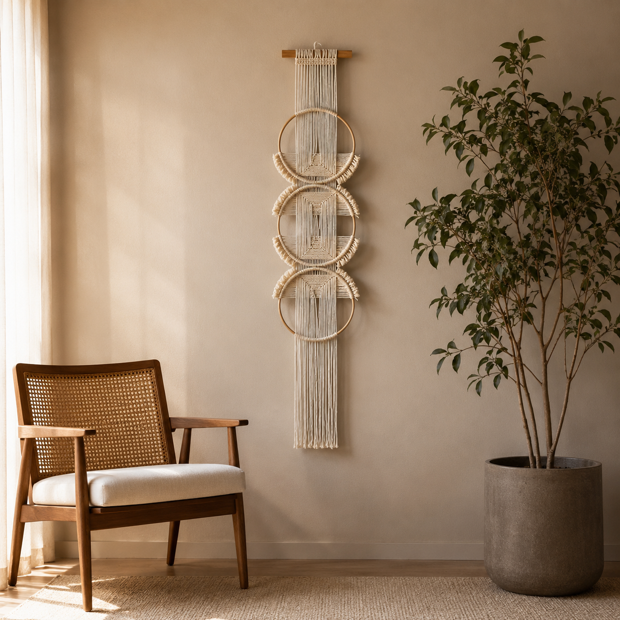 Tenture Murale Macramé 3 Cercles Bois – Décoration Bohème Écru
