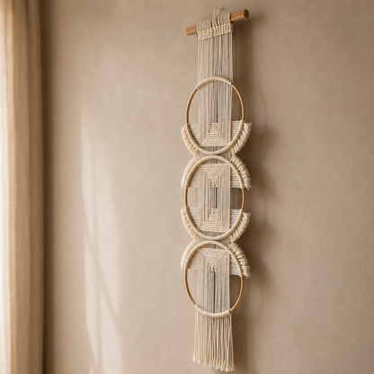 Tenture Murale Macramé 3 Cercles Bois – Décoration Bohème Écru