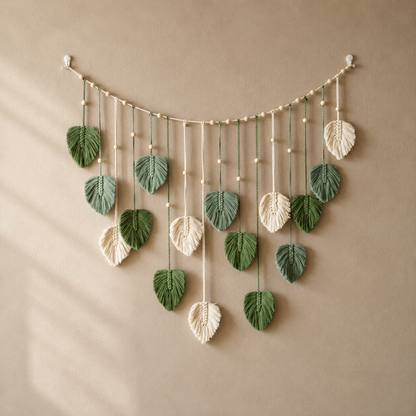 Tenture Murale Macramé Feuilles Vertes – Guirlande Bohème Nature