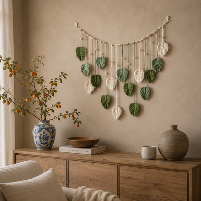 Tenture Murale Macramé Feuilles Vertes – Guirlande Bohème Nature