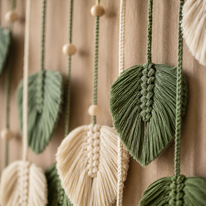 Tenture Murale Macramé Feuilles Vertes – Guirlande Bohème Nature