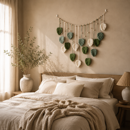 Tenture Murale Macramé Feuilles Vertes – Guirlande Bohème Nature
