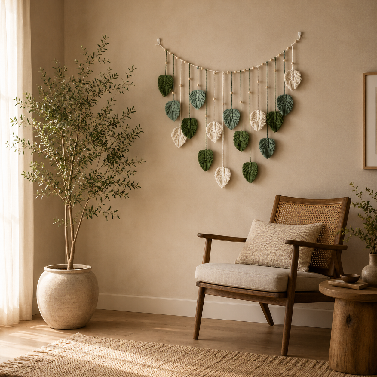 Tenture Murale Macramé Feuilles Vertes – Guirlande Bohème Nature