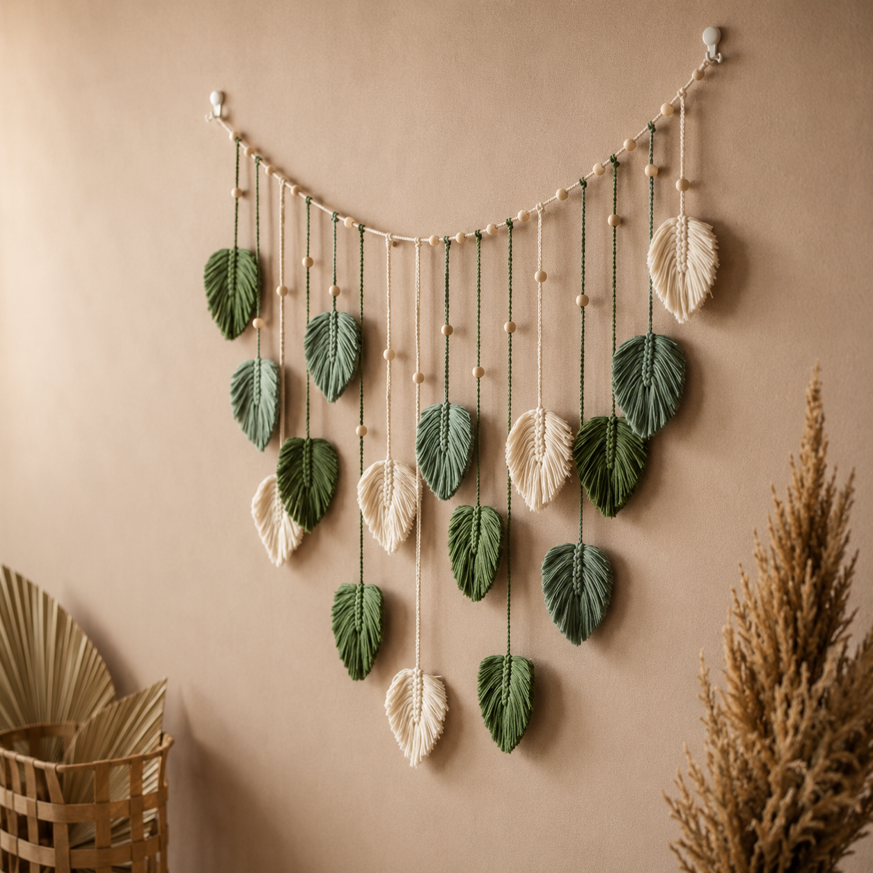 Tenture Murale Macramé Feuilles Vertes – Guirlande Bohème Nature
