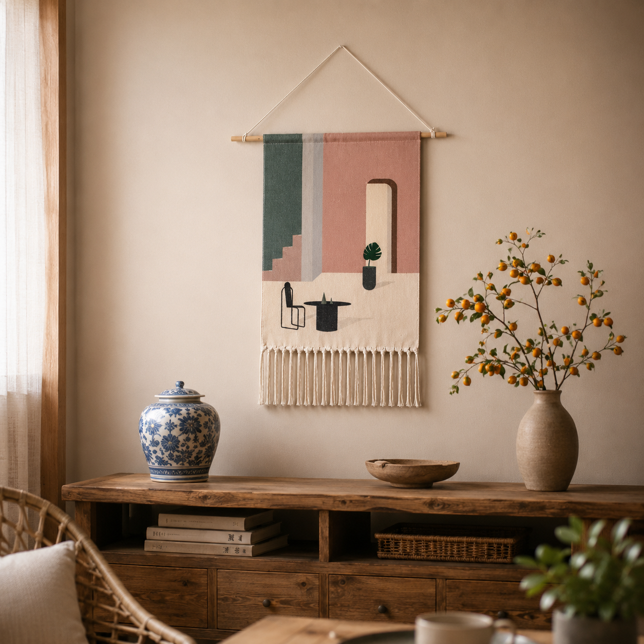 Tapisserie Murale Scandinave Géométrique Coton à Franges – Bohème
