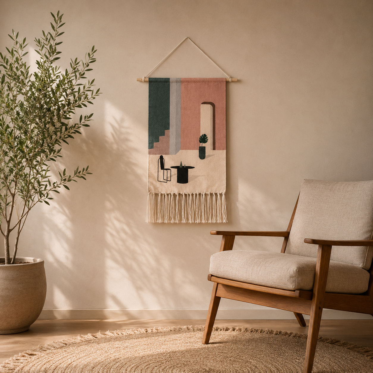 Tapisserie Murale Scandinave Géométrique Coton à Franges – Bohème