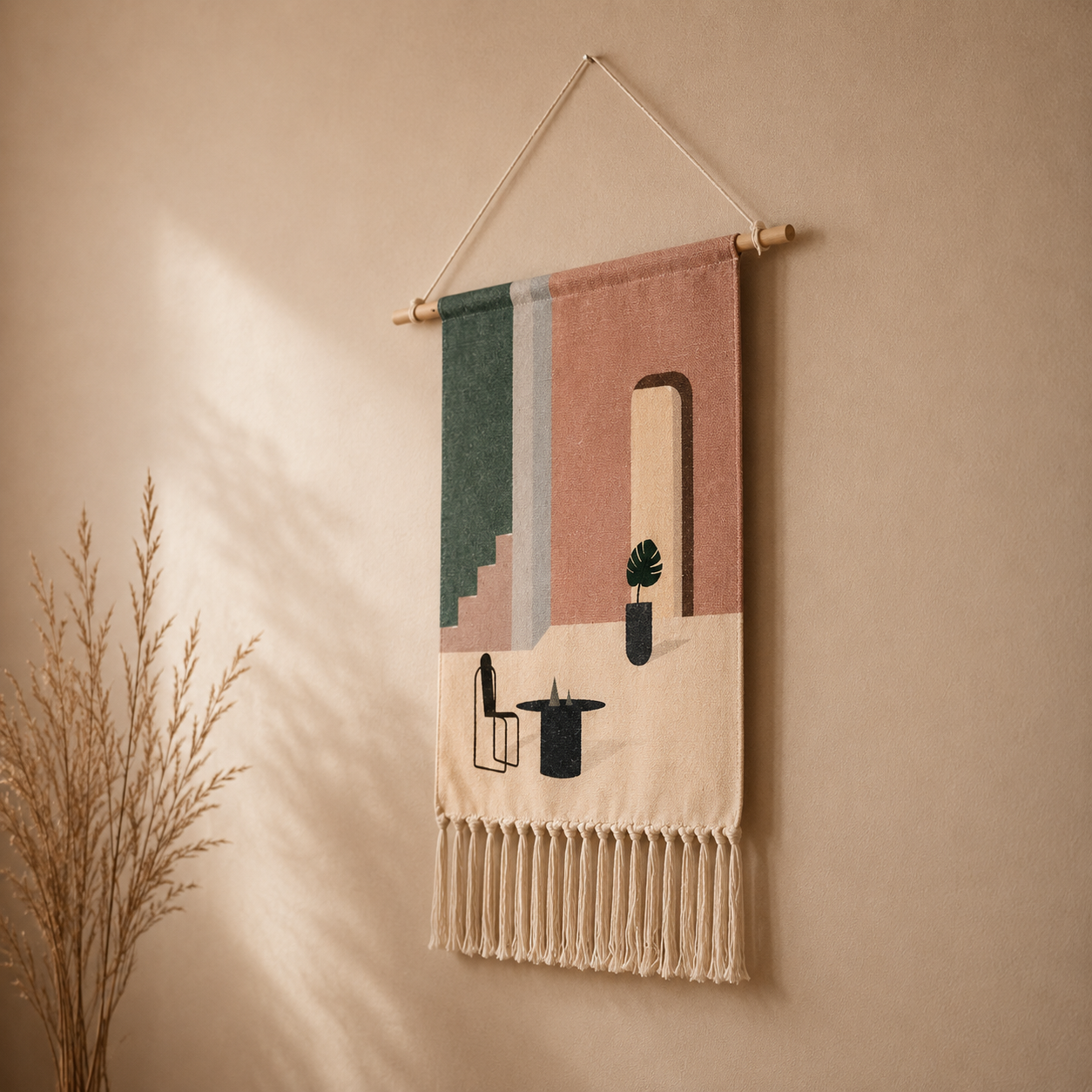 Tapisserie Murale Scandinave Géométrique Coton à Franges – Bohème