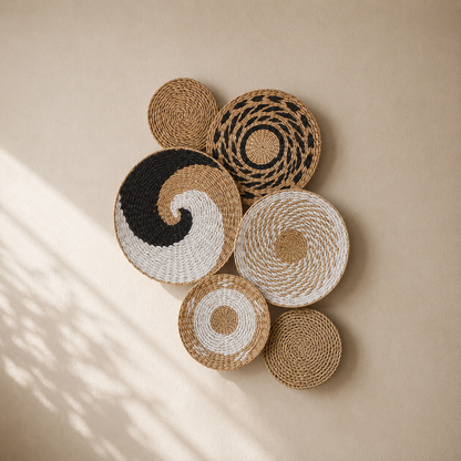 Paniers Muraux Rotin Bohème – Lot de 6 Décoration Murale Ethnique
