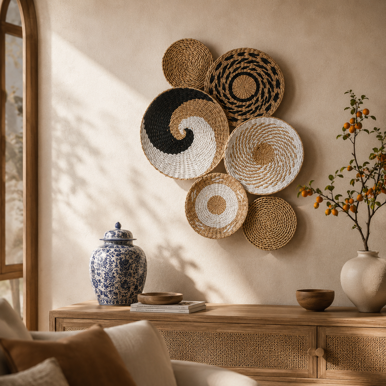 Paniers Muraux Rotin Bohème – Lot de 6 Décoration Murale Ethnique