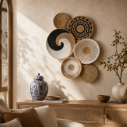 Paniers Muraux Rotin Bohème – Lot de 6 Décoration Murale Ethnique