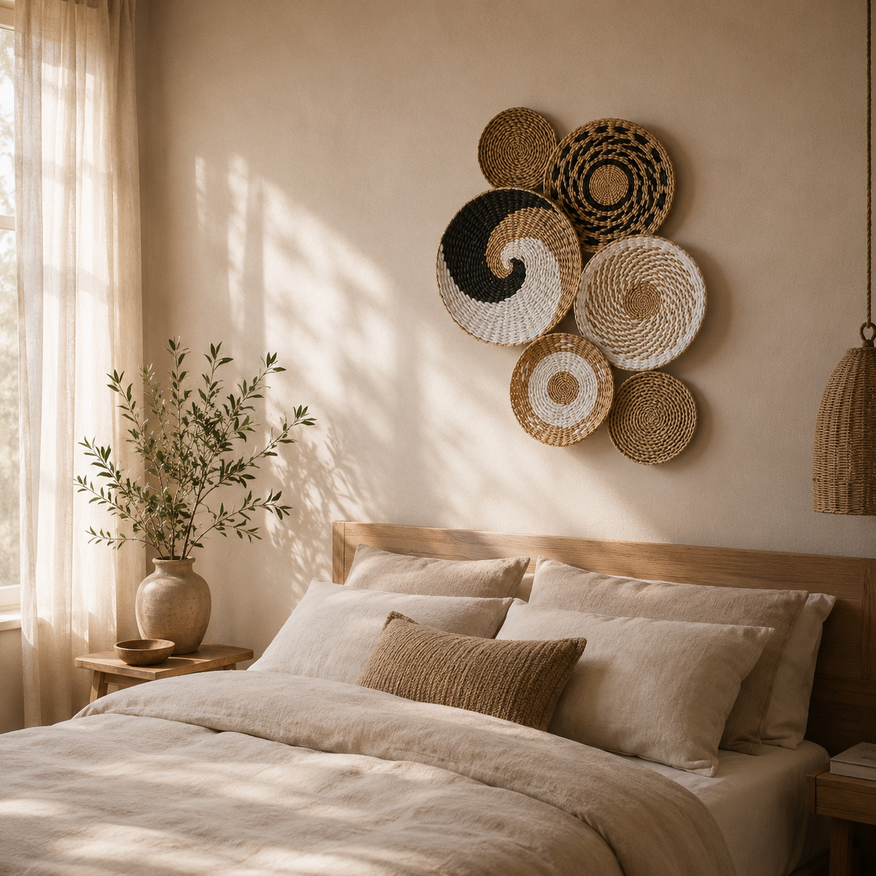 Paniers Muraux Rotin Bohème – Lot de 6 Décoration Murale Ethnique