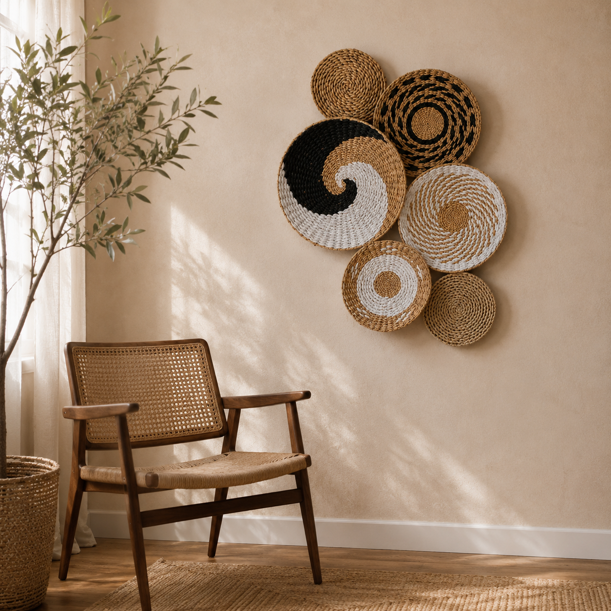 Paniers Muraux Rotin Bohème – Lot de 6 Décoration Murale Ethnique