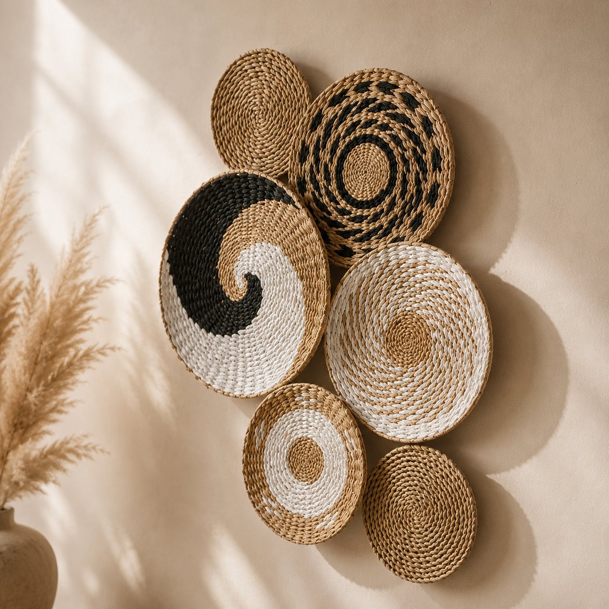 Paniers Muraux Rotin Bohème – Lot de 6 Décoration Murale Ethnique