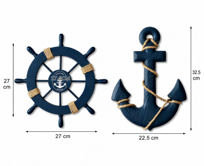 Set de 2 Décorations Murales Marines Bois – Gouvernail & Ancre