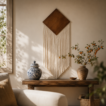 Tenture Murale Bohème Losange Bois & Franges Coton – Tissée Main