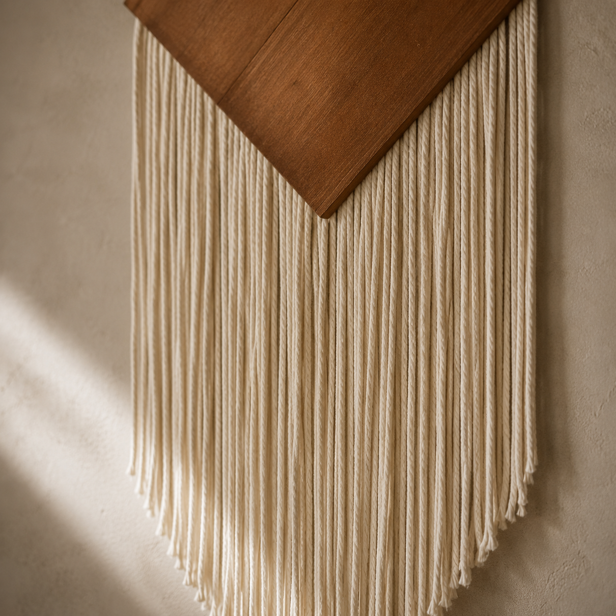 Tenture Murale Bohème Losange Bois & Franges Coton – Tissée Main