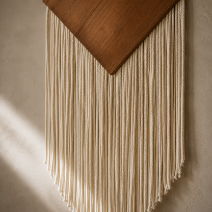 Tenture Murale Bohème Losange Bois & Franges Coton – Tissée Main