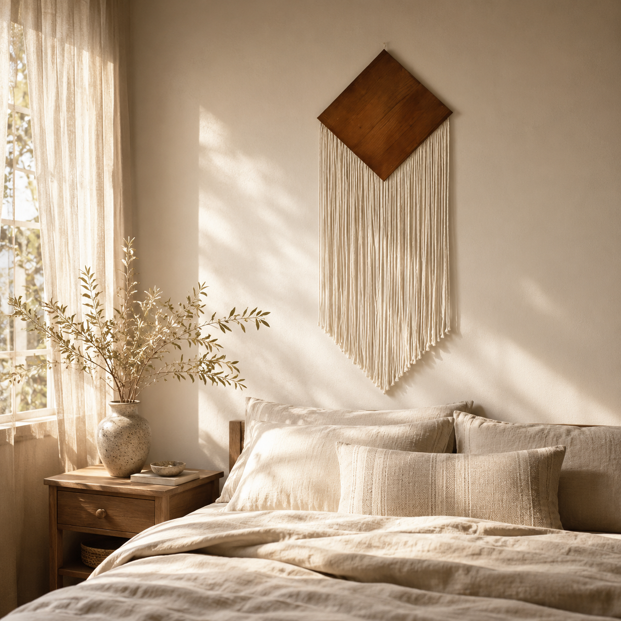 Tenture Murale Bohème Losange Bois & Franges Coton – Tissée Main