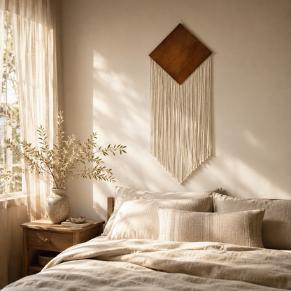 Tenture Murale Bohème Losange Bois & Franges Coton – Tissée Main