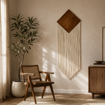 Tenture Murale Bohème Losange Bois & Franges Coton – Tissée Main