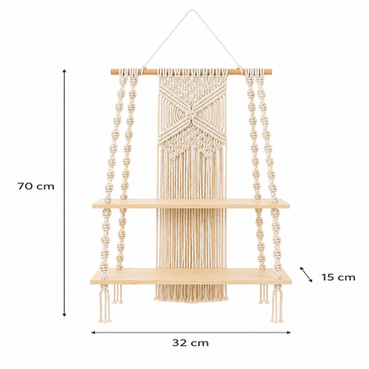 Étagère Murale Macramé Bohème – 2 Niveaux Suspendue Déco