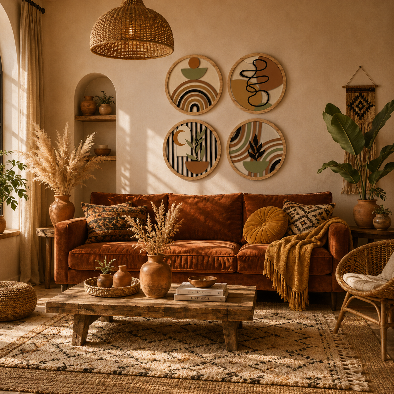 Lot de 4 Tableaux Muraux Ronds Bois – Déco Bohème Abstraite
