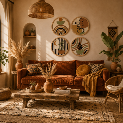 Lot de 4 Tableaux Muraux Ronds Bois – Déco Bohème Abstraite