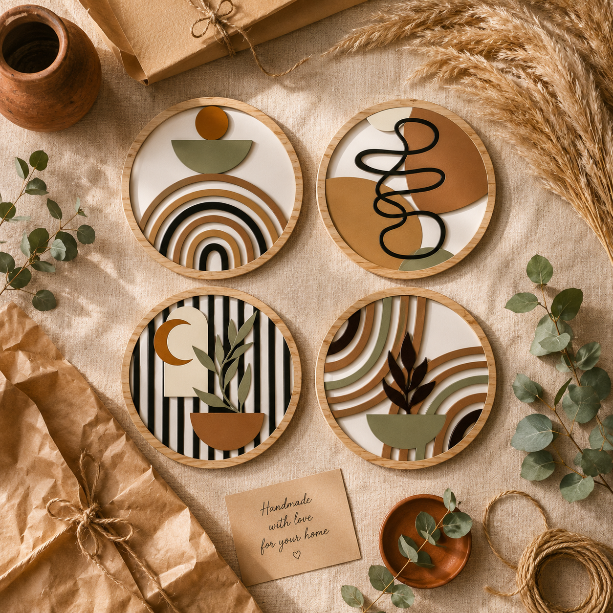Lot de 4 Tableaux Muraux Ronds Bois – Déco Bohème Abstraite