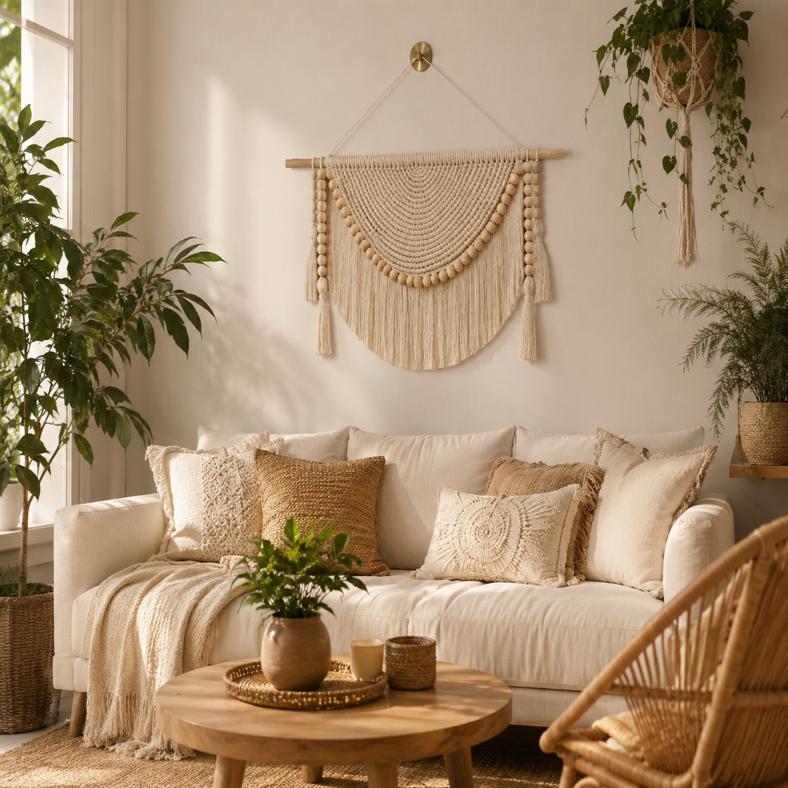 Tenture Murale Macramé Perles Bois – Déco Bohème Demi-Lune