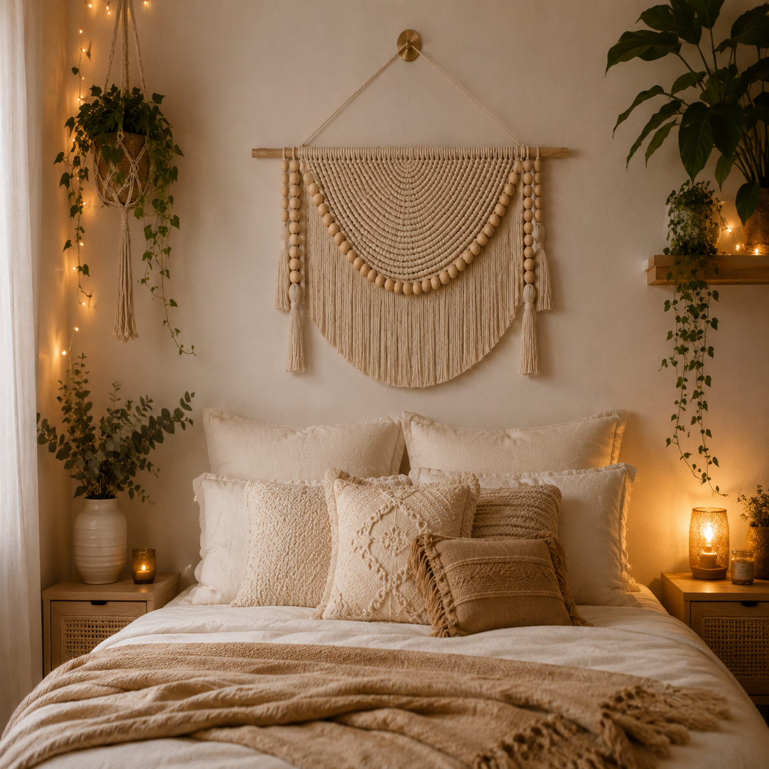 Tenture Murale Macramé Perles Bois – Déco Bohème Demi-Lune