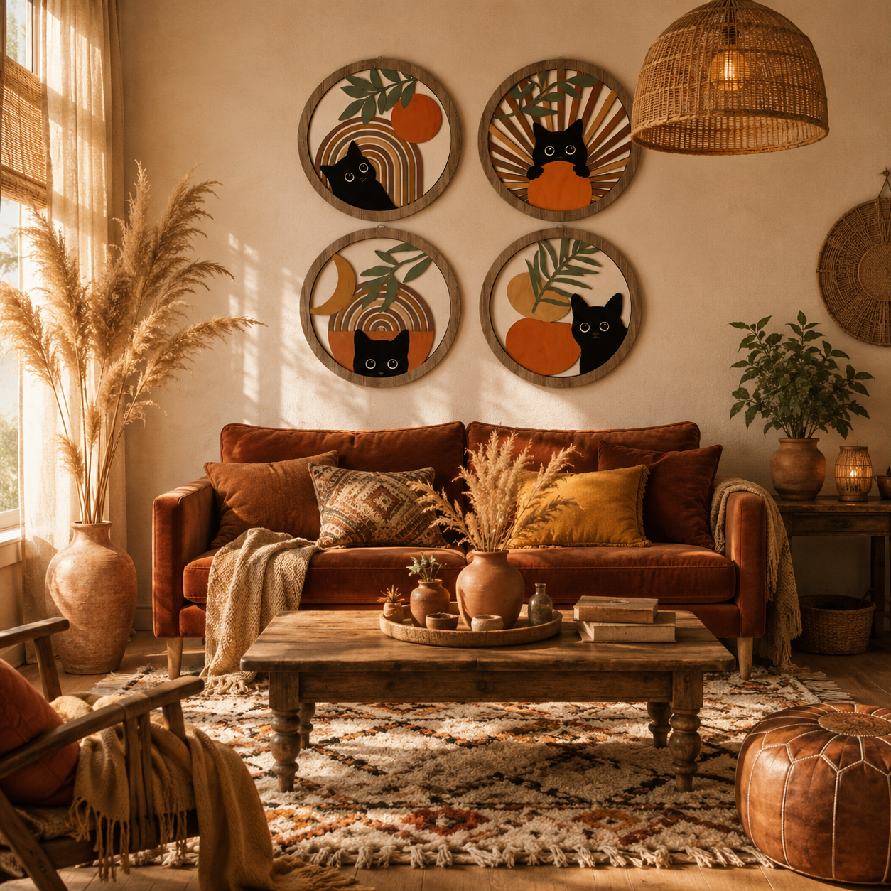 Lot de 4 Décorations Murales Rondes Bois Ajouré – Déco Bohème Chat