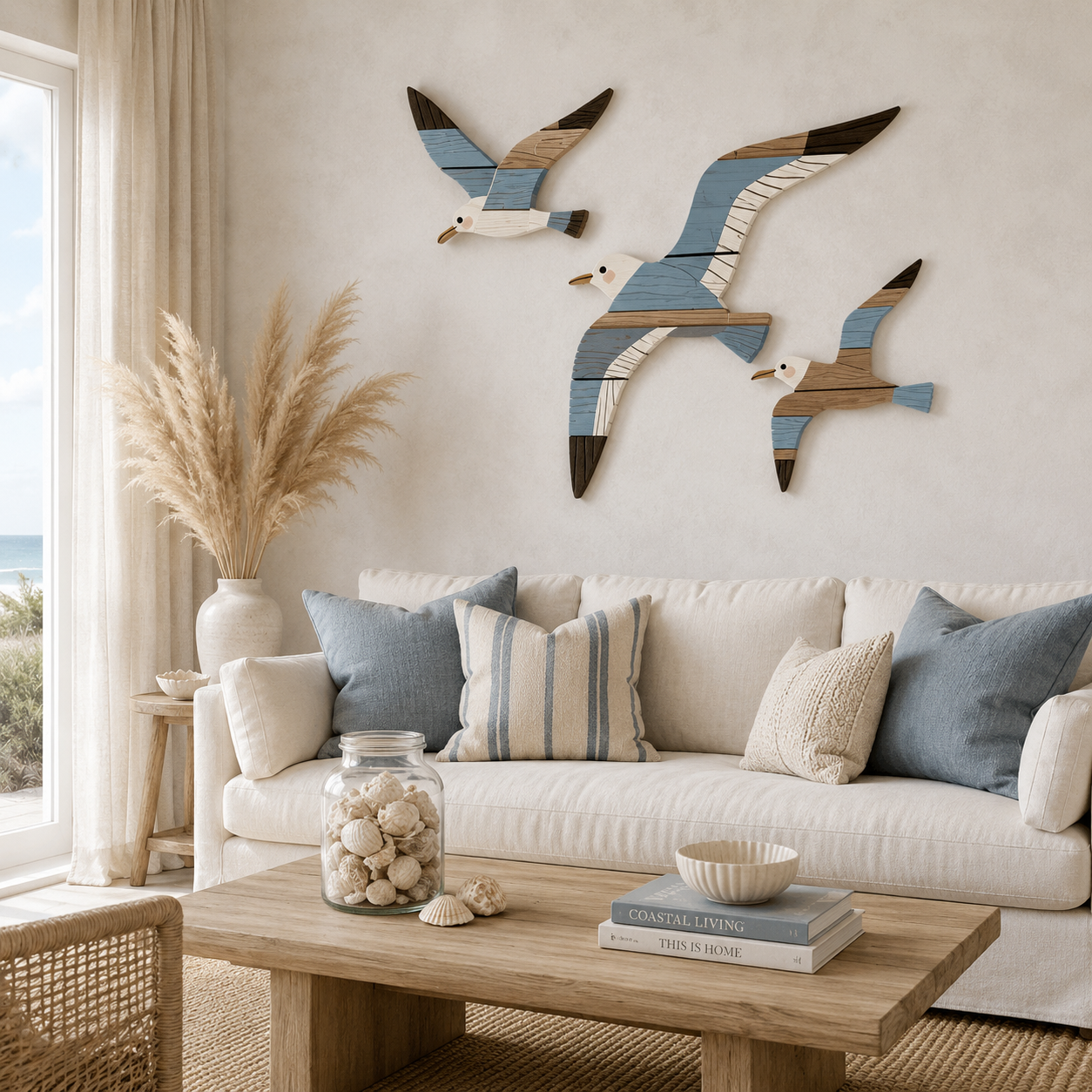 Lot de 3 Décorations Murales Mouettes Bois – Déco Bord de Mer