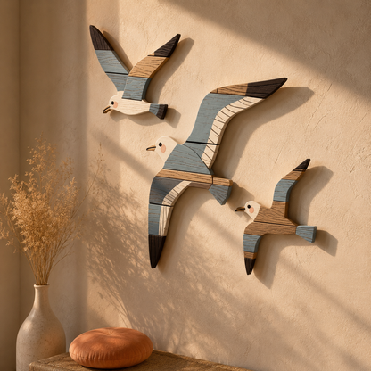Lot de 3 Décorations Murales Mouettes Bois – Déco Bord de Mer
