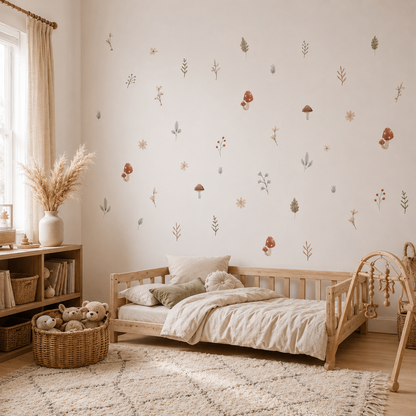 Stickers Muraux Bohèmes Champignons & Feuilles – Chambre Bébé Enfant