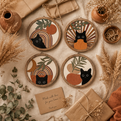 Lot de 4 Décorations Murales Rondes Bois Ajouré – Déco Bohème Chat