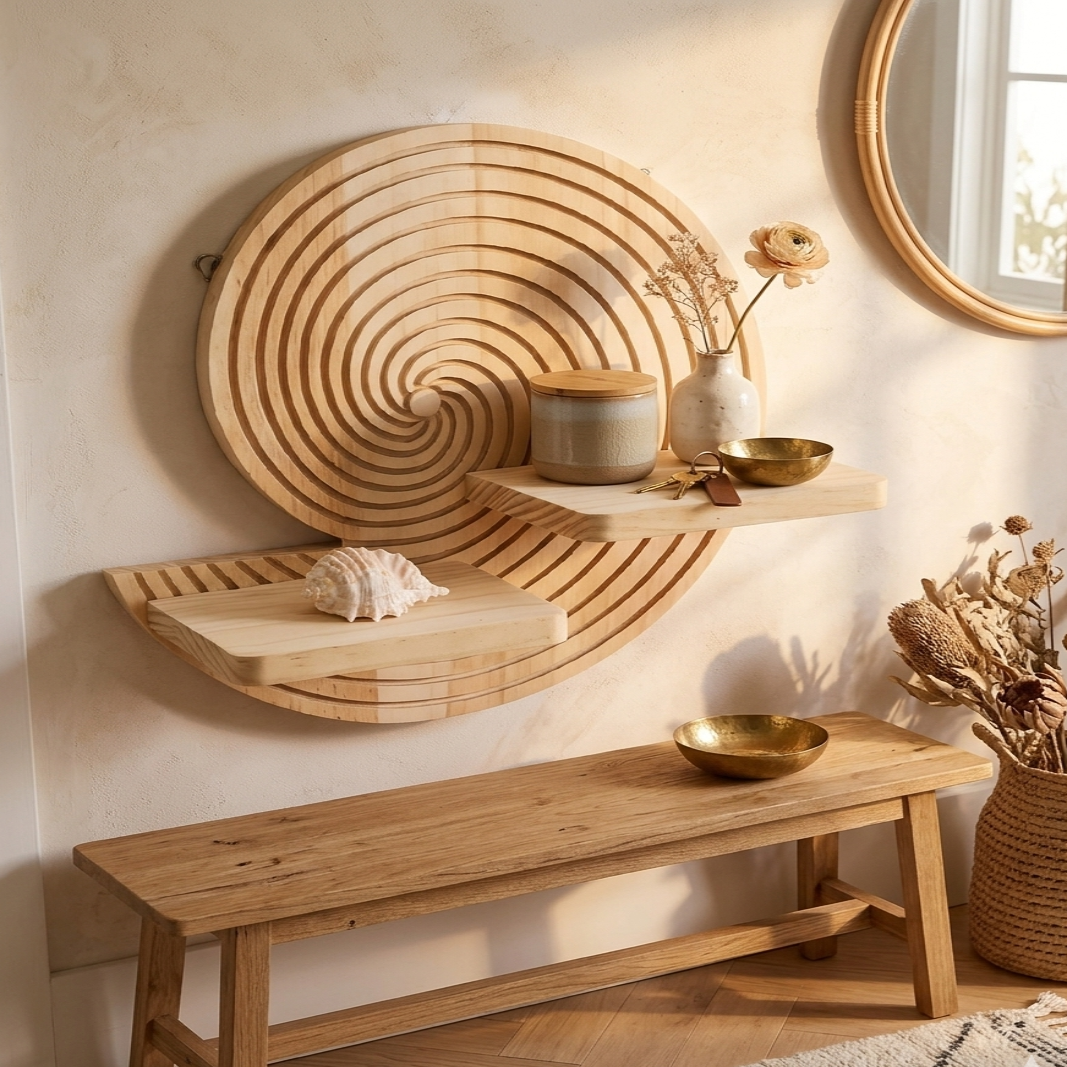 Étagère Murale Bois Spirale Coquillage – Déco Bohème Ronde Design